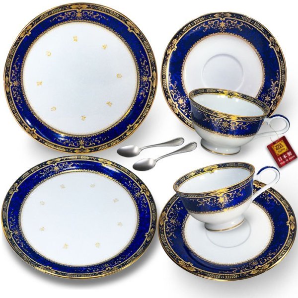 画像1: ニュー ロワイヤルブルー  [ 2人用のティーカップ＆ケーキセット ] 日本製 120cc 白磁 (1)
