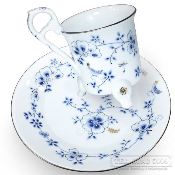 画像6: TEAROAD5000 青風花鳥 [ 3本 猫足 の アンティーク風 カップ＆ソーサー ] 日本製 (6)